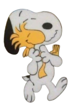 Peanuts character Snoopy hugging Peanuts character Woodstock.